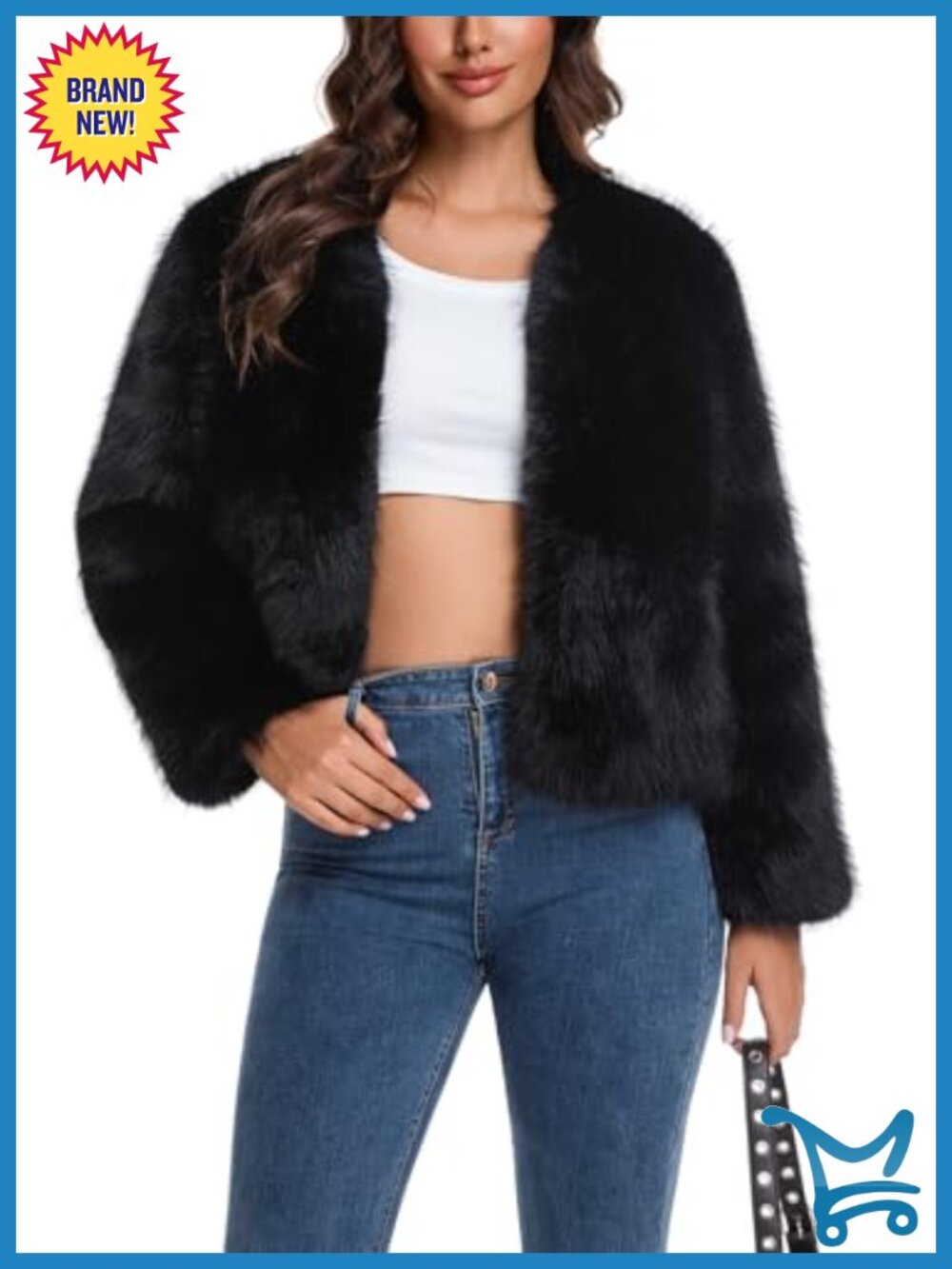 Women's Cropped Faux Fur Jacket Long Sleeve Fluffy Winter Coat Cardigan